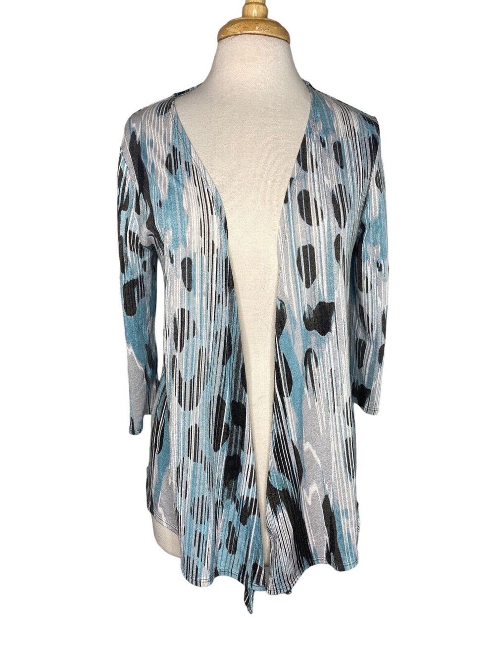 CHICOS EASYWEAR Blue Brown Abstract Stripe Open Cardigan Sweater Size Medium (1)